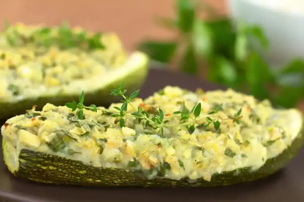 Courgettes farcies au riz, petits pois et herbes fraîches