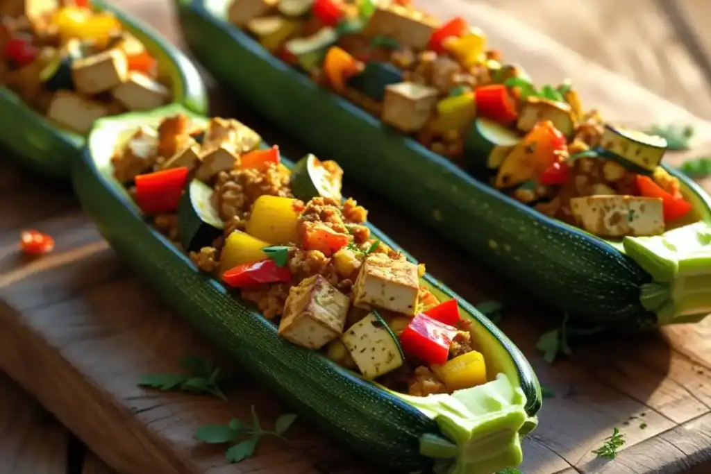 Courgettes farcies au tofu et légumes