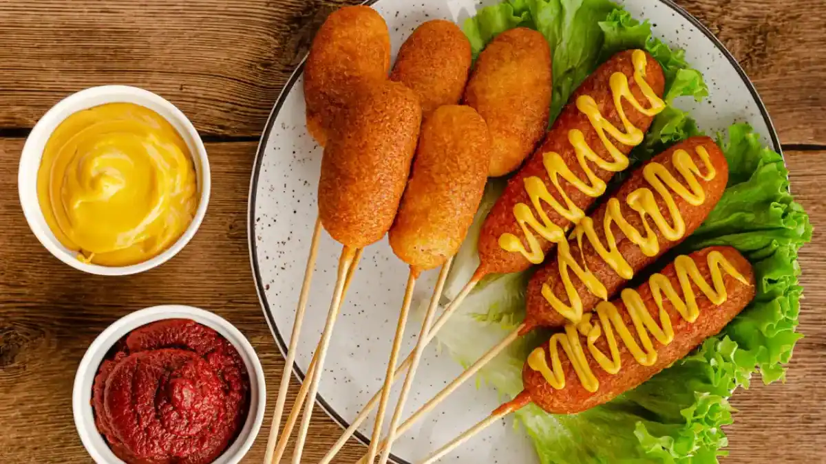 Corn dog maison doré et croustillant sur bâton, servi avec ketchup et moutarde