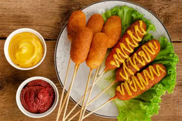 Corn dog maison doré et croustillant sur bâton, servi avec ketchup et moutarde